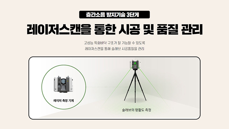 층간소음 방지기술 3단계. 레이저스캔을 통한 시공 및 품질 관리 (고성능 특화바닥 구조가 잘 기능할 수 있도록 레이저스캔을 통해 슬래브 시공품질을 관리) (레이저 측정 기계, 슬래브의 평활도 측정)